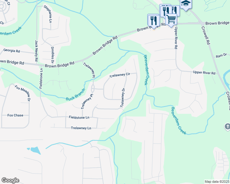 map of restaurants, bars, coffee shops, grocery stores, and more near 30 Trelawney Court in Covington