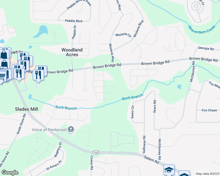 map of restaurants, bars, coffee shops, grocery stores, and more near 105 Bonito Trail in Covington