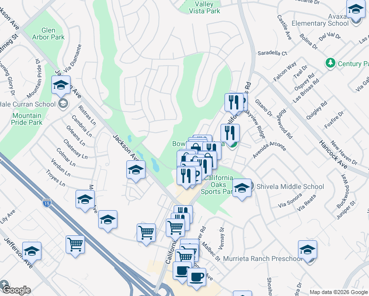 map of restaurants, bars, coffee shops, grocery stores, and more near 40581 Vía Amapola in Murrieta