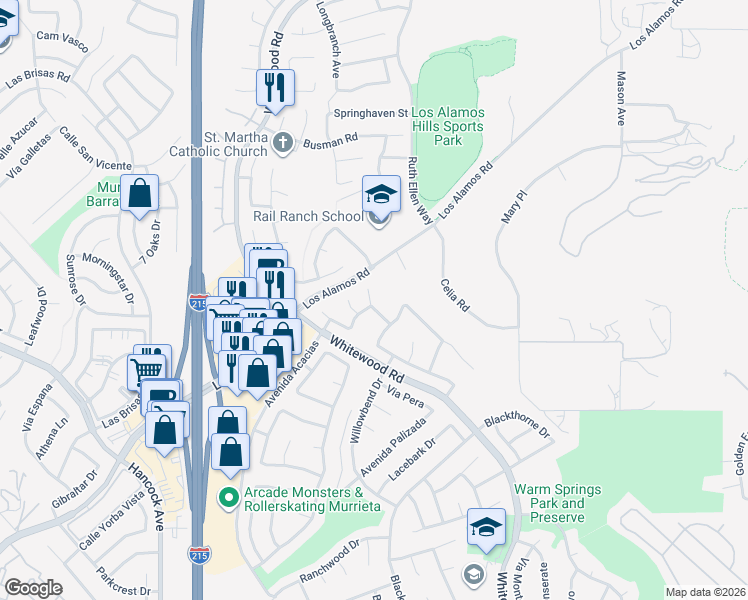 map of restaurants, bars, coffee shops, grocery stores, and more near 25148 Corte Anacapa in Murrieta