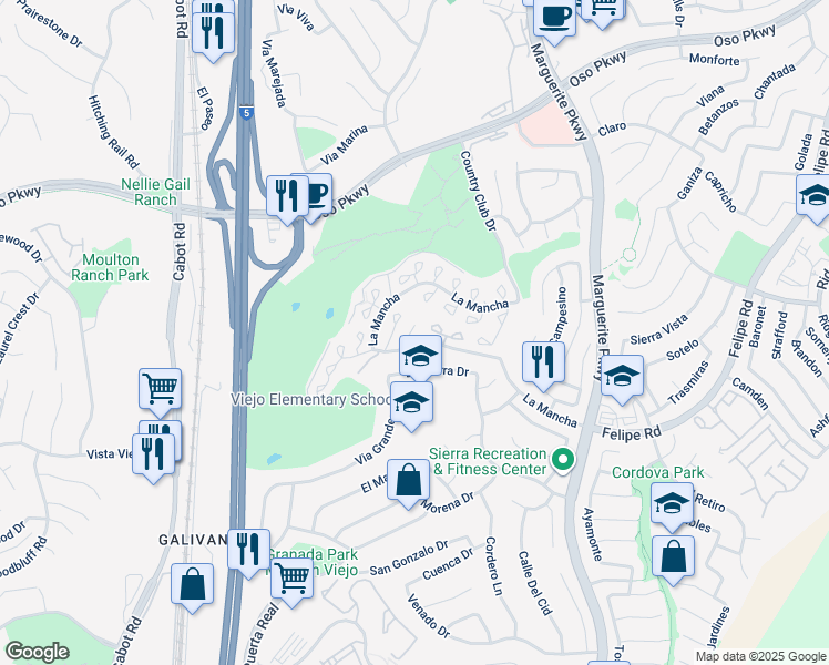 map of restaurants, bars, coffee shops, grocery stores, and more near 26606 La Roda in Mission Viejo