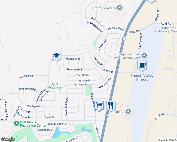 map of restaurants, bars, coffee shops, grocery stores, and more near 29783 Andromeda Street in Murrieta