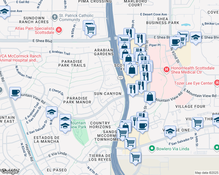 map of restaurants, bars, coffee shops, grocery stores, and more near 8700 East Mountain View Road in Scottsdale