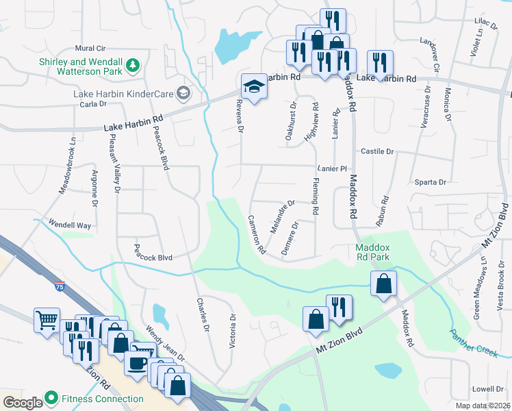 map of restaurants, bars, coffee shops, grocery stores, and more near 6544 Cameron Road in Morrow