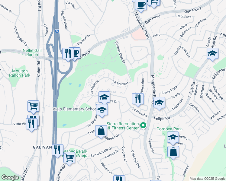 map of restaurants, bars, coffee shops, grocery stores, and more near 26731 Dulcinea in Mission Viejo
