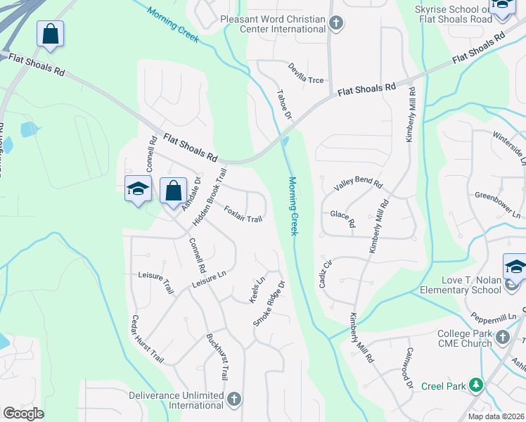 map of restaurants, bars, coffee shops, grocery stores, and more near 2725 Foxlair Trail in College Park