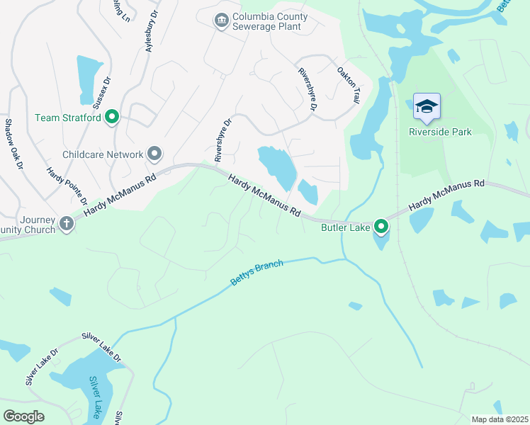 map of restaurants, bars, coffee shops, grocery stores, and more near 4598 Hardy McManus Road in Evans