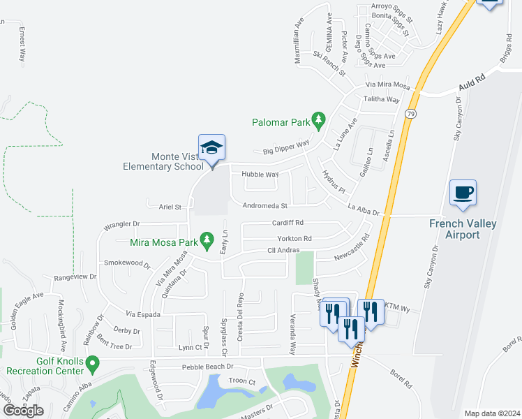 map of restaurants, bars, coffee shops, grocery stores, and more near 29615 Andromeda Street in Murrieta