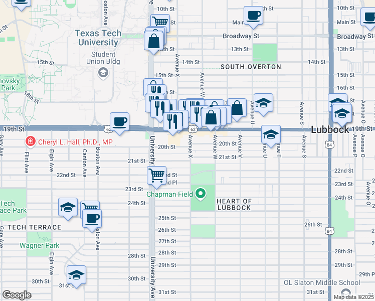 map of restaurants, bars, coffee shops, grocery stores, and more near 2408 21st Street in Lubbock