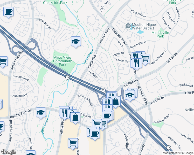 map of restaurants, bars, coffee shops, grocery stores, and more near 24122 Hollyoak in Aliso Viejo