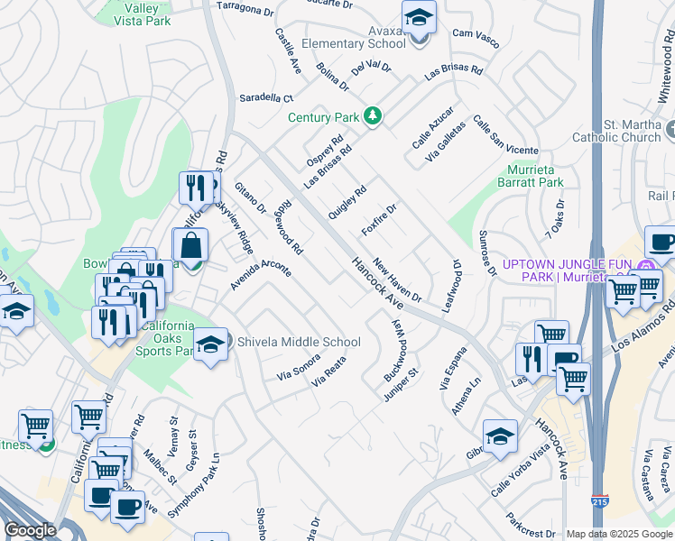 map of restaurants, bars, coffee shops, grocery stores, and more near 24527 Westhaven Court in Murrieta