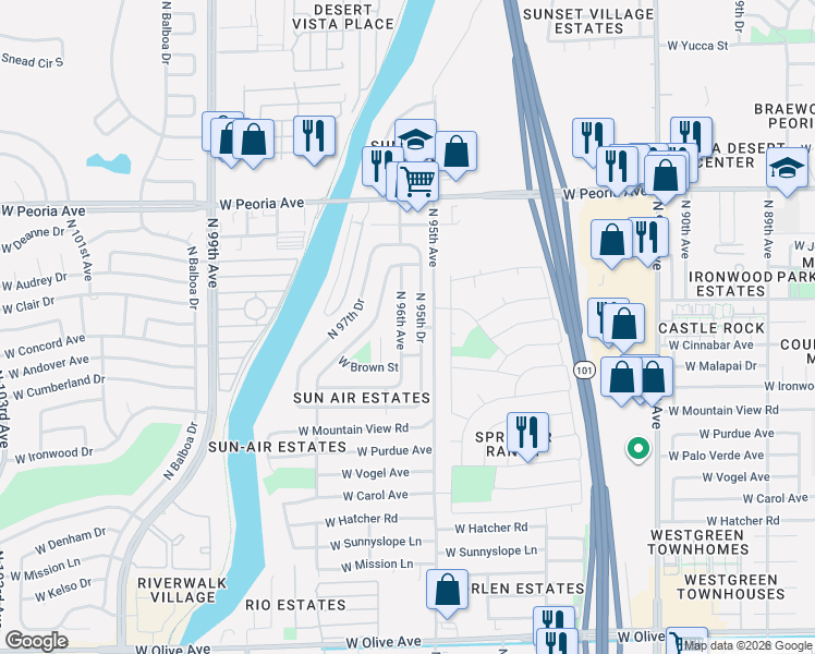 map of restaurants, bars, coffee shops, grocery stores, and more near 10108b North 95th Drive in Peoria