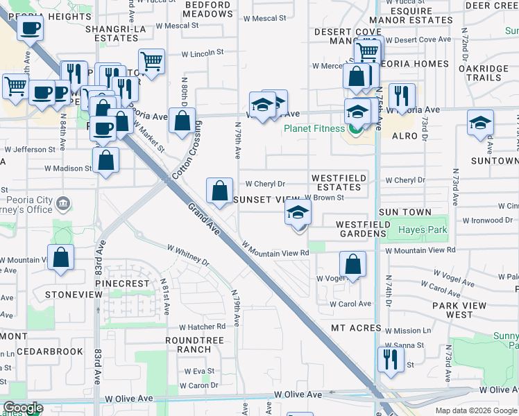 map of restaurants, bars, coffee shops, grocery stores, and more near 7842 West Cinnabar Avenue in Peoria
