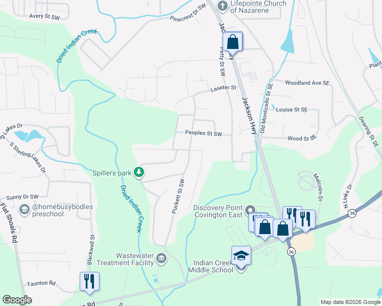 map of restaurants, bars, coffee shops, grocery stores, and more near 8151 Puckett Street Southwest in Covington