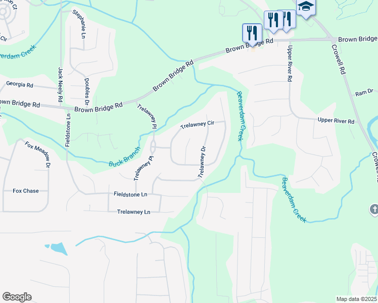 map of restaurants, bars, coffee shops, grocery stores, and more near 30 Trelawney Court in Covington