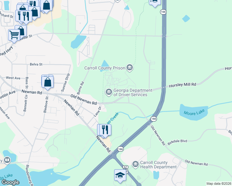 map of restaurants, bars, coffee shops, grocery stores, and more near 34 Horsley Mill Road in Carrollton