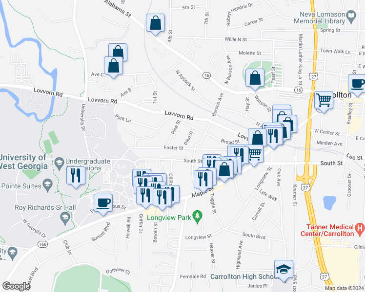 map of restaurants, bars, coffee shops, grocery stores, and more near 127 Pike Street in Carrollton