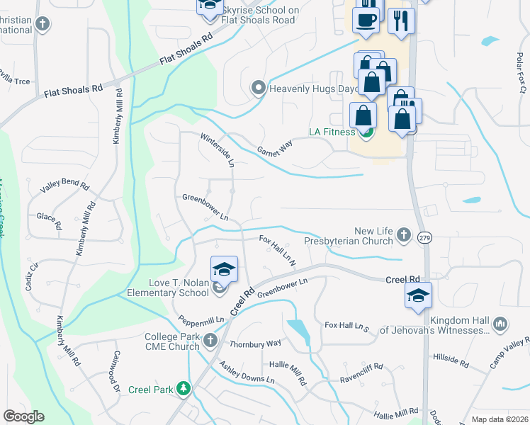 map of restaurants, bars, coffee shops, grocery stores, and more near 625 Butterfield Lane in College Park