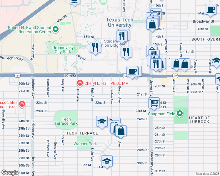 map of restaurants, bars, coffee shops, grocery stores, and more near 2808 21st Street in Lubbock