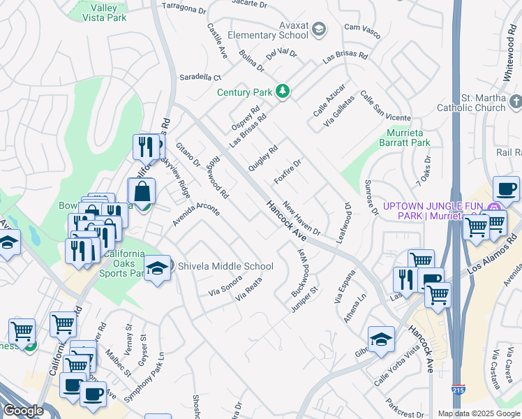 map of restaurants, bars, coffee shops, grocery stores, and more near 40001 Wallingford Road in Murrieta