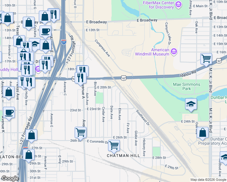 map of restaurants, bars, coffee shops, grocery stores, and more near 2011 Date Avenue in Lubbock