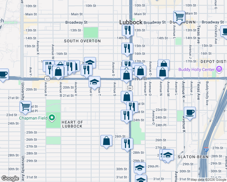 map of restaurants, bars, coffee shops, grocery stores, and more near 1901 21st Street in Lubbock