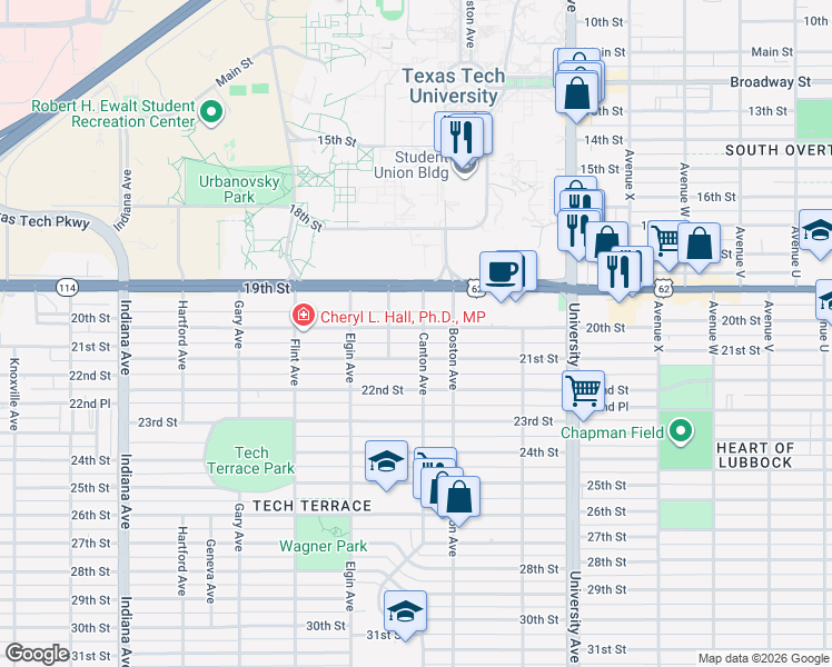 map of restaurants, bars, coffee shops, grocery stores, and more near 2808 21st Street in Lubbock