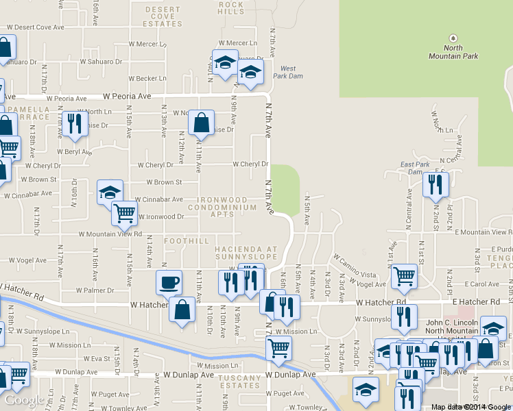 map of restaurants, bars, coffee shops, grocery stores, and more near 9826 North 7th Avenue in Phoenix