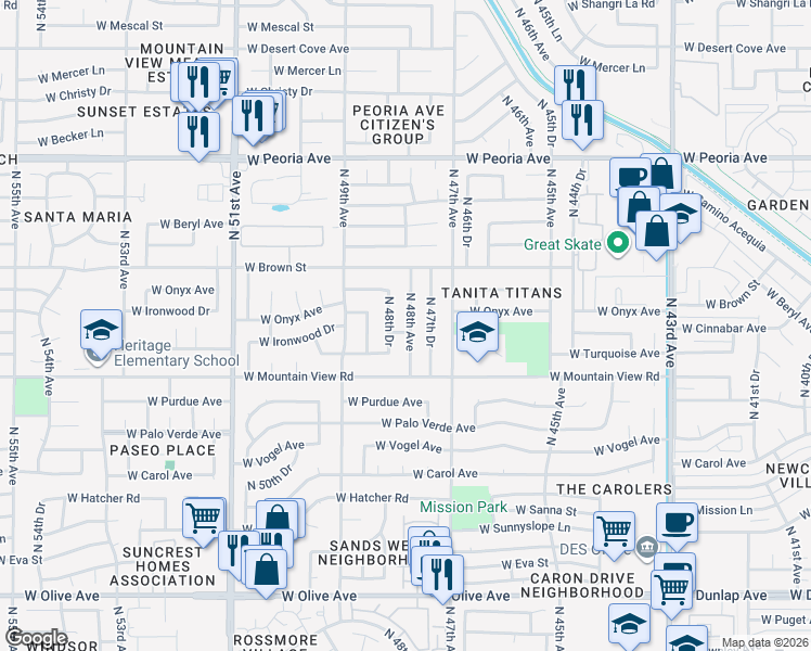 map of restaurants, bars, coffee shops, grocery stores, and more near 9835 North 48th Drive in Glendale