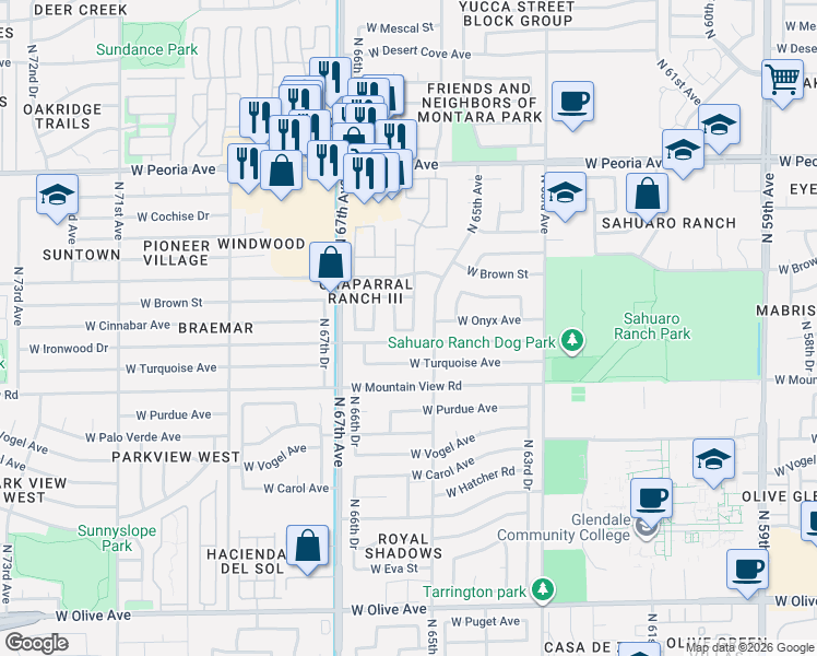 map of restaurants, bars, coffee shops, grocery stores, and more near 6516 West Ironwood Drive in Glendale
