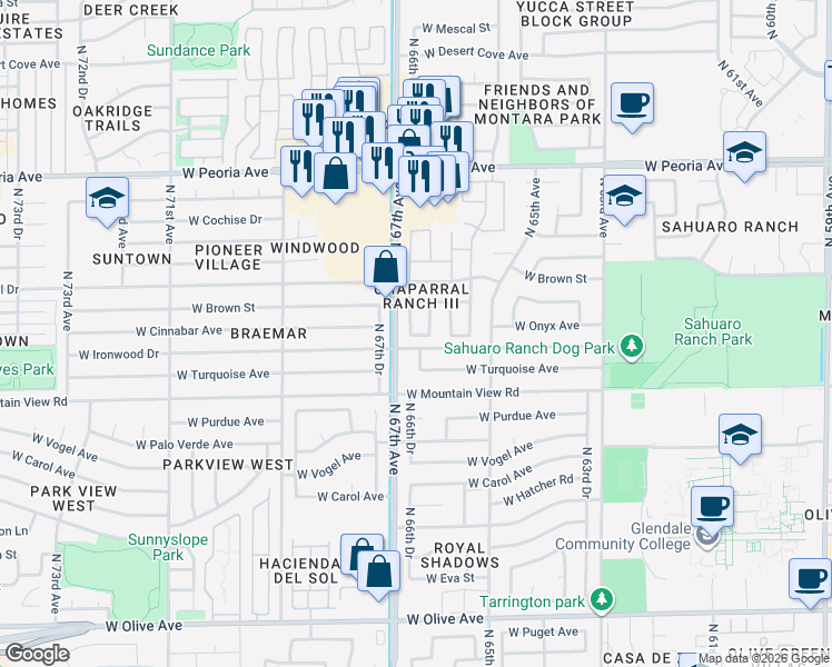 map of restaurants, bars, coffee shops, grocery stores, and more near 6614 West Ironwood Drive in Glendale