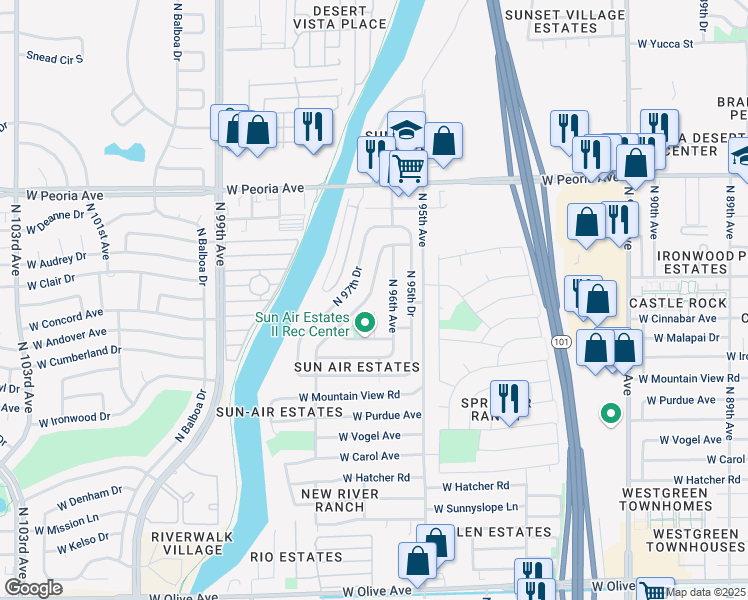map of restaurants, bars, coffee shops, grocery stores, and more near 10128 North 96th Drive in Peoria