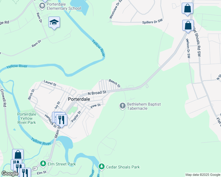 map of restaurants, bars, coffee shops, grocery stores, and more near 65 Poplar Street in Porterdale