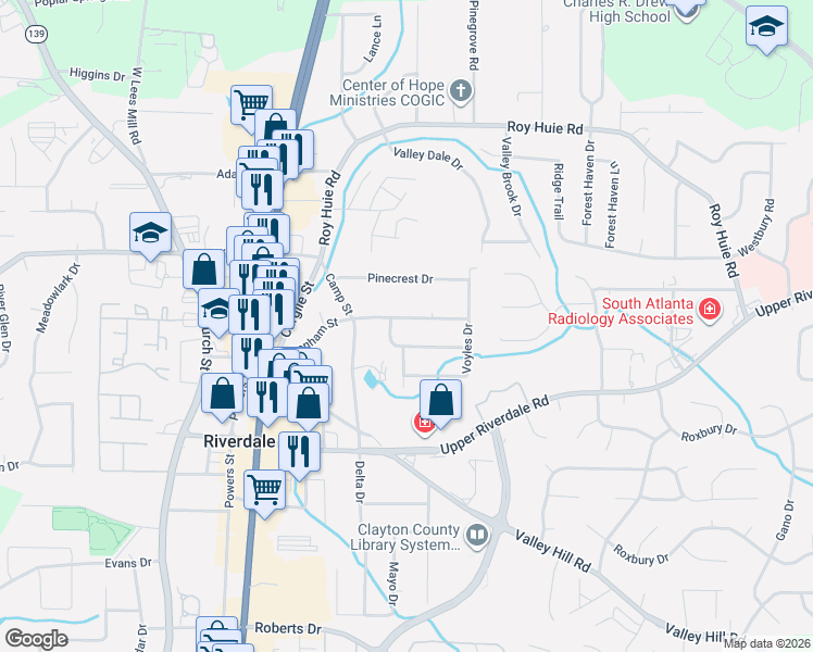 map of restaurants, bars, coffee shops, grocery stores, and more near 493 Ridgecrest Drive in Riverdale