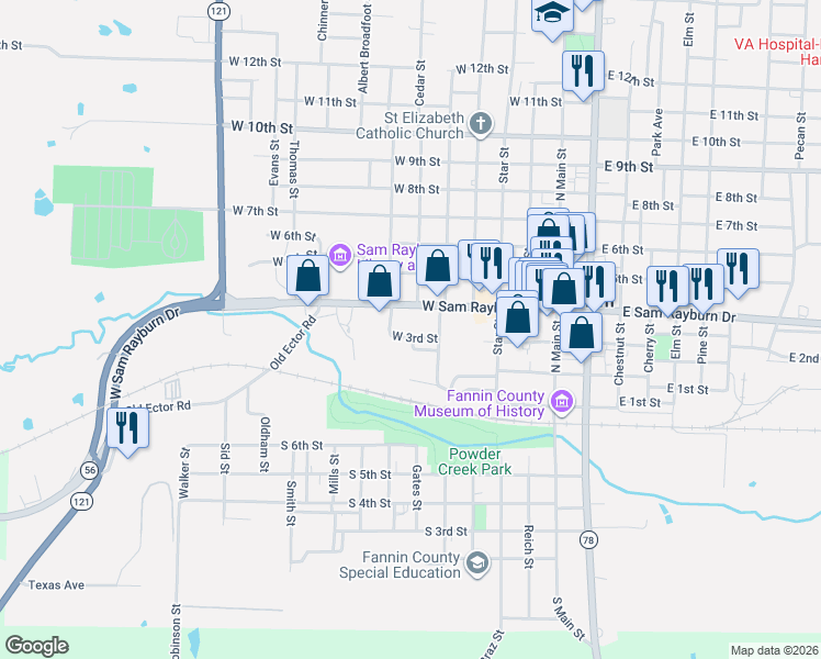 map of restaurants, bars, coffee shops, grocery stores, and more near 618 West 3rd Street in Bonham