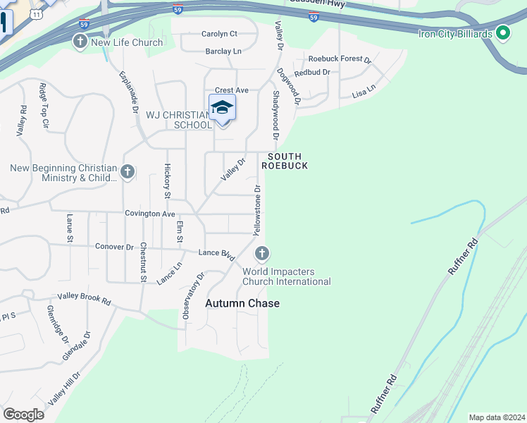 map of restaurants, bars, coffee shops, grocery stores, and more near 601 Yellowstone Drive in Birmingham