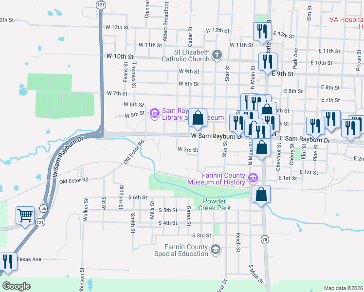 map of restaurants, bars, coffee shops, grocery stores, and more near 618 West 3rd Street in Bonham