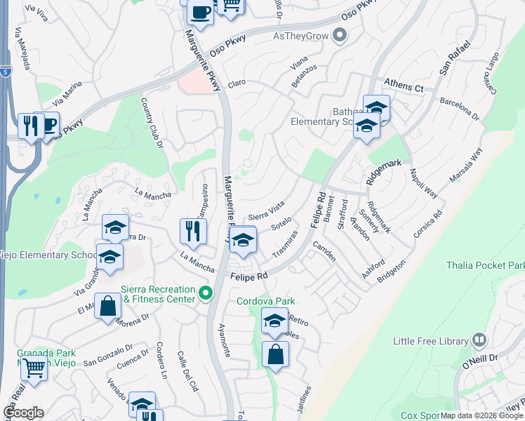 map of restaurants, bars, coffee shops, grocery stores, and more near 26624 Sierra Vista in Mission Viejo