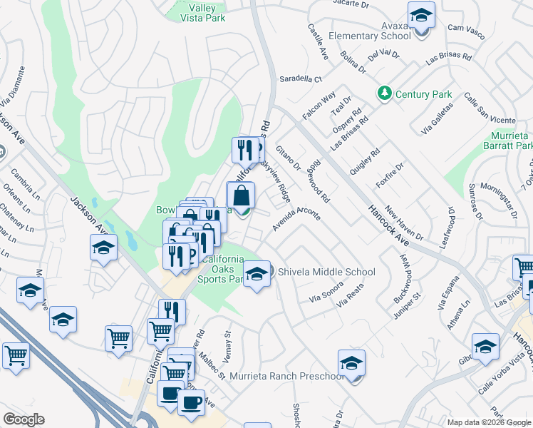 map of restaurants, bars, coffee shops, grocery stores, and more near 24425 Skyview Ridge in Murrieta