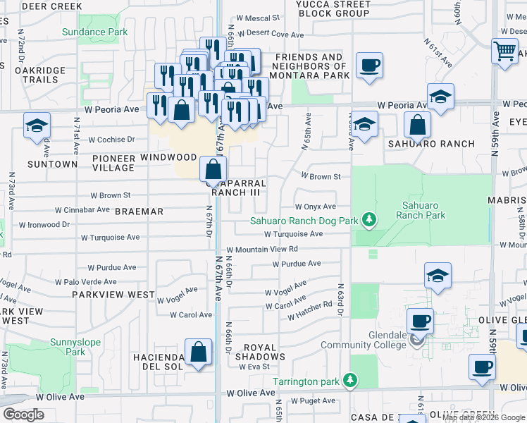 map of restaurants, bars, coffee shops, grocery stores, and more near 6516 West Ironwood Drive in Glendale