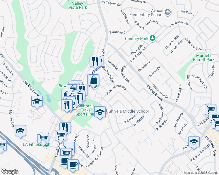 map of restaurants, bars, coffee shops, grocery stores, and more near 24425 Skyview Ridge in Murrieta