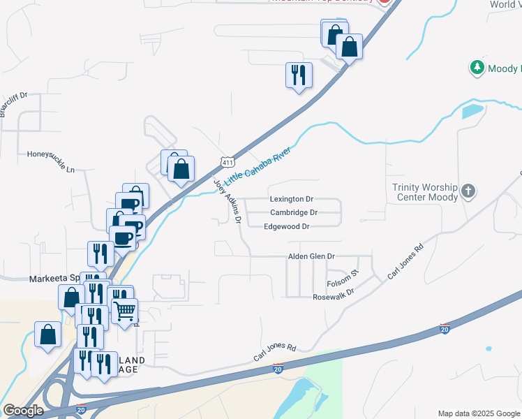 map of restaurants, bars, coffee shops, grocery stores, and more near 4009 Cambridge Drive in Moody
