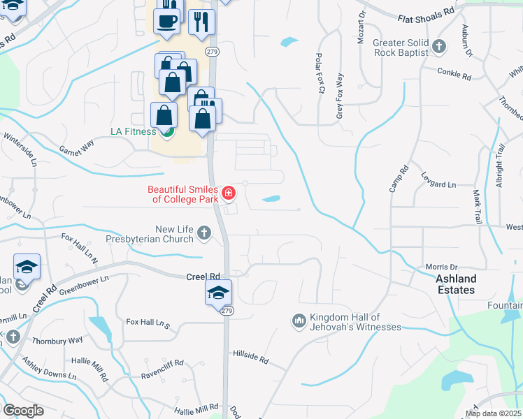 map of restaurants, bars, coffee shops, grocery stores, and more near 6491 Splitpine Court in Atlanta