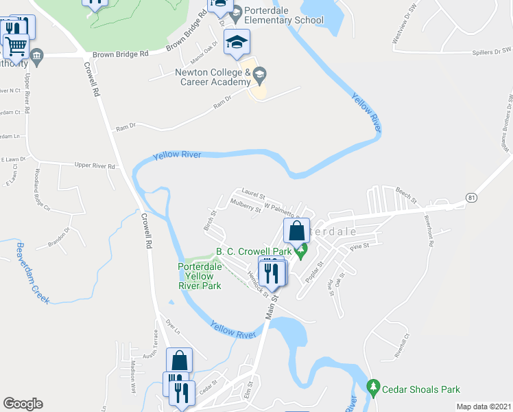 map of restaurants, bars, coffee shops, grocery stores, and more near 6 Mulberry Street in Porterdale