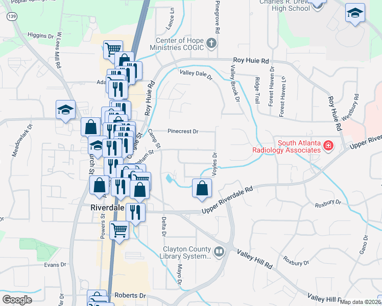 map of restaurants, bars, coffee shops, grocery stores, and more near 486 Denham Street in Riverdale