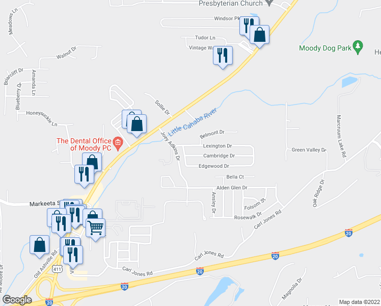 map of restaurants, bars, coffee shops, grocery stores, and more near 4005 Cambridge Drive in Moody