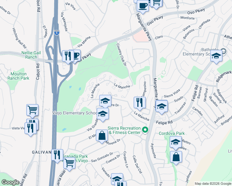 map of restaurants, bars, coffee shops, grocery stores, and more near 26745 Dulcinea in Mission Viejo