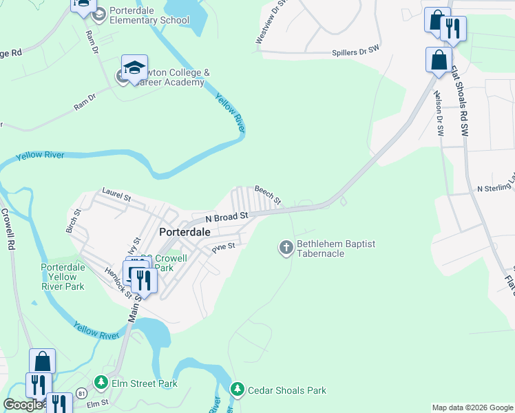 map of restaurants, bars, coffee shops, grocery stores, and more near 65 Poplar Street in Porterdale