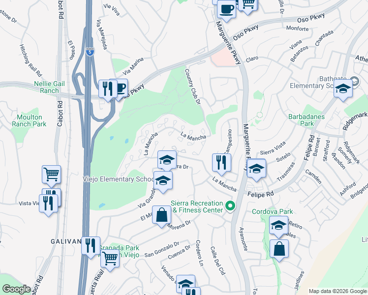 map of restaurants, bars, coffee shops, grocery stores, and more near 26745 Dulcinea in Mission Viejo