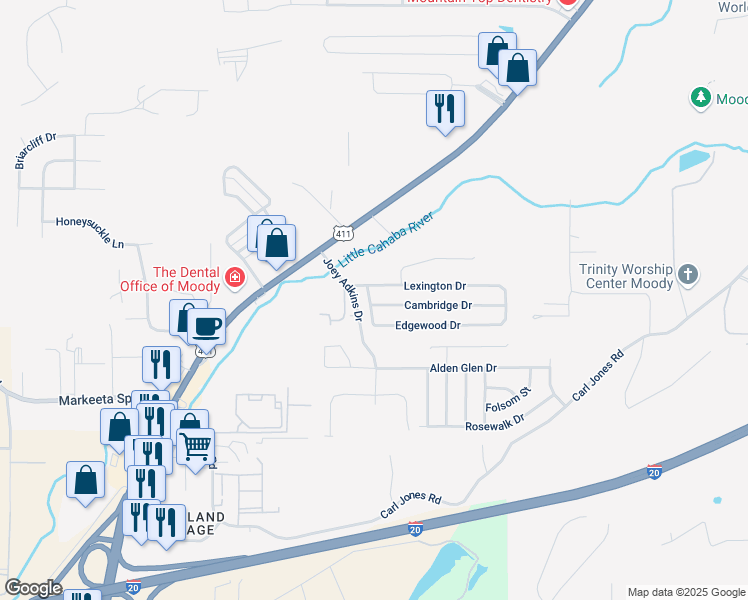 map of restaurants, bars, coffee shops, grocery stores, and more near 4001 Cambridge Drive in Moody